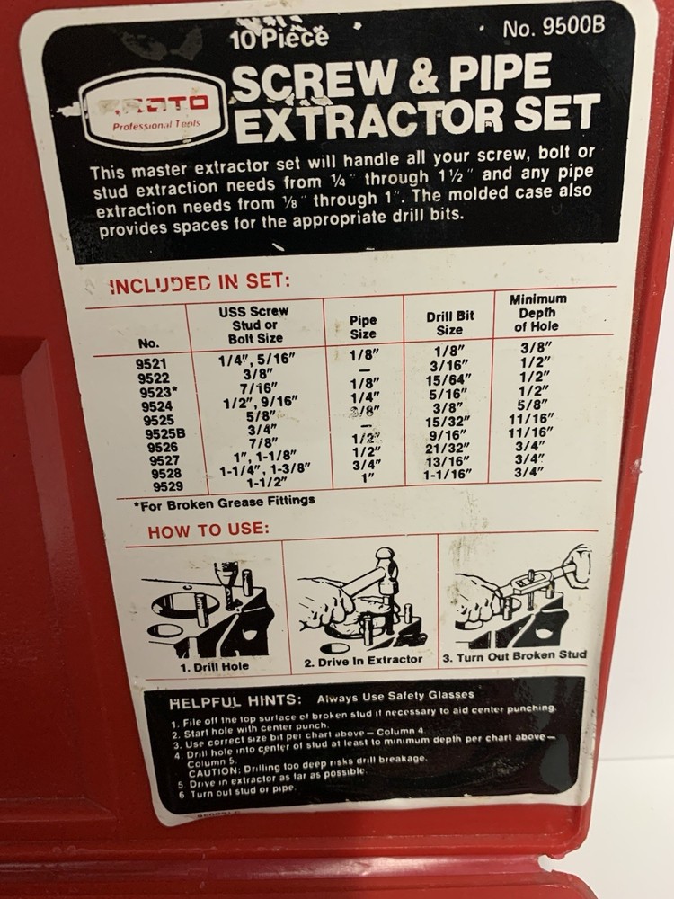 PROTO Professional Tools 9500B Screw & Pipe Extractor Set, ** Missing 3**- READ