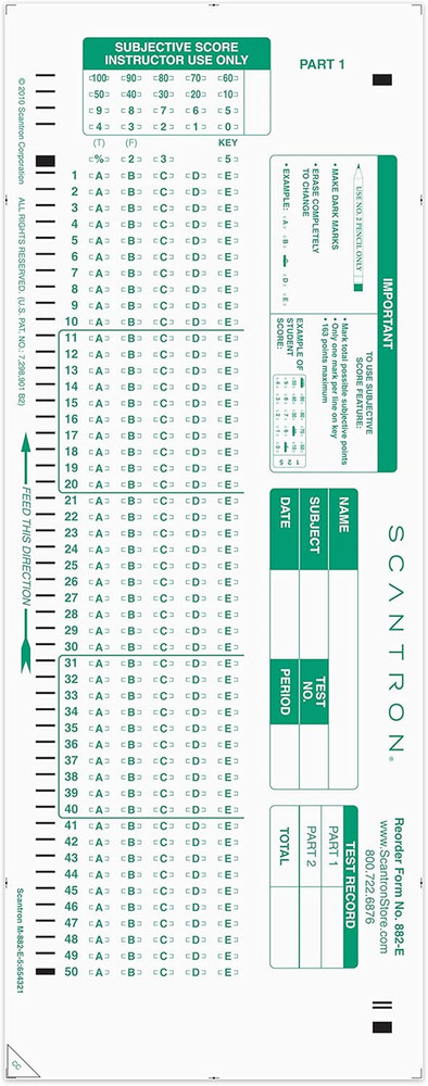 Official Scantron Brand 882-E Answer Sheet. (25 Pack)
