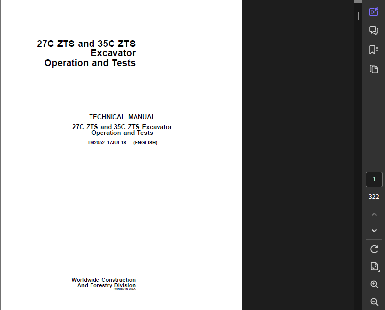 JOHN DEERE 27C ZTS EXCAVATOR OWNERS TECHNICAL OPERATION & TEST MANUAL PDF USB