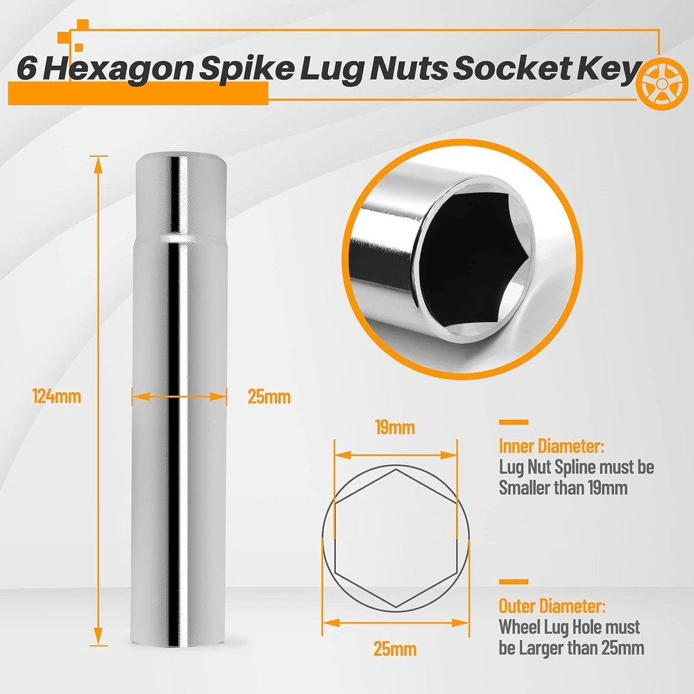 Spike Lug Nuts Socket Key - Solid Socket with 19Mm Hex, Universal Spiked Lug Nut