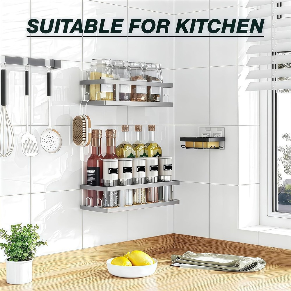 3-PC Adhesive Shower Caddy - Rustproof Shower Shelves with Soap Holder Hooks