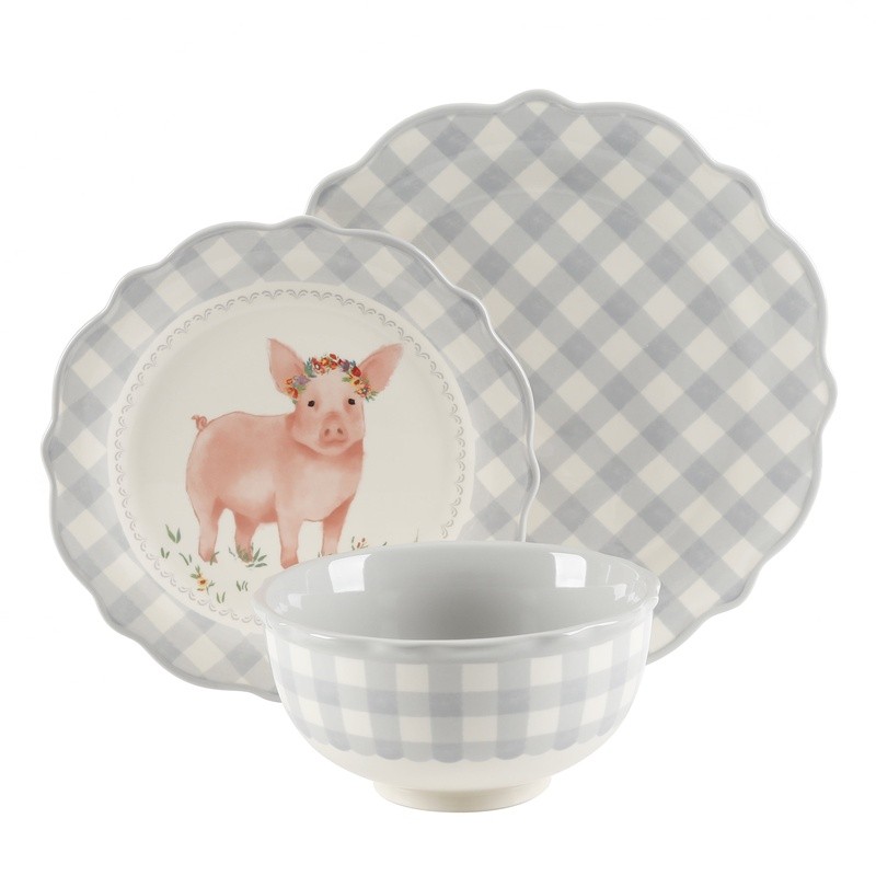 Gingham Dinnerware Set 12 Pieces Ceramic Service 4 Microwave Dishwasher Safe New