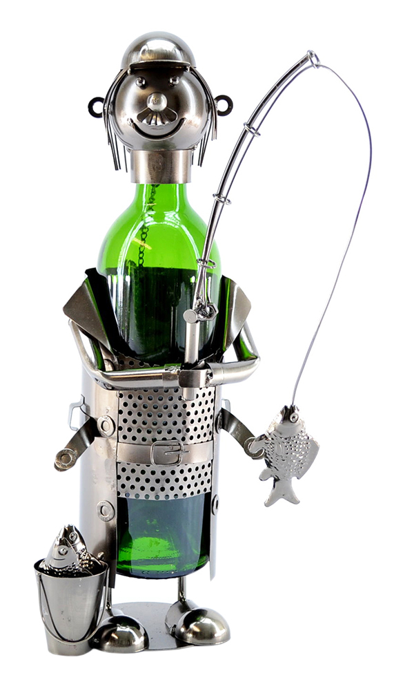Fisherman Catching Fish Metal Wine Bottle Holder Display