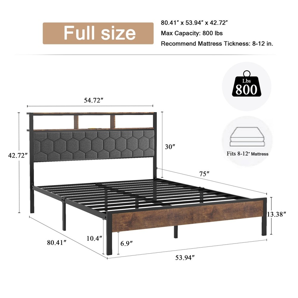 Full/Queen/King Size Bed Frame Metal Platform Bed with Headboard & USB Ports