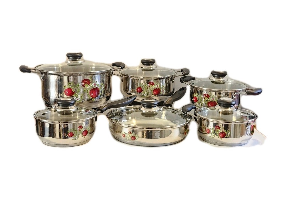 12pc Aluminum w/ Apple Design Transferware Cook Set w/ Lids Double Bottom