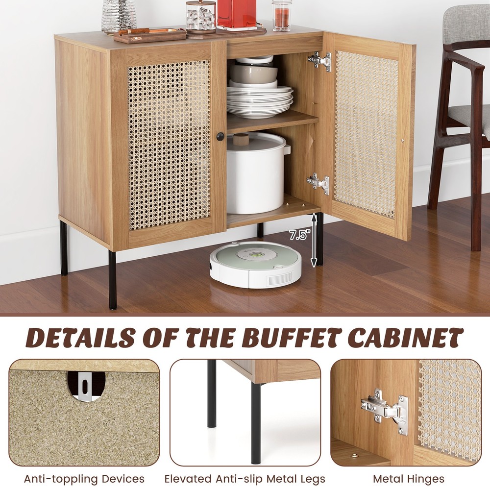 Rattan Buffet Sideboard Wine Cabinet Cupboard w/ Adjustable Shelf Oak