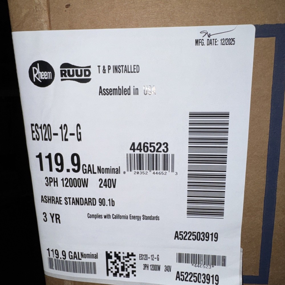 120 Gallon Electric Water Heater 3PH 12,000 Watt ES120-12-G Commercial