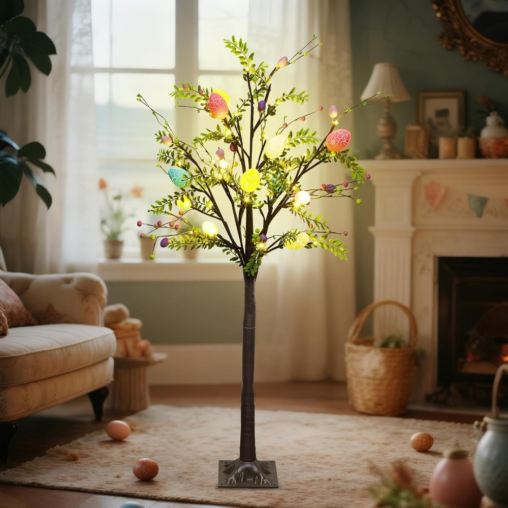 4FT Lighted Easter Tree with Timer, Pre-Lit Artificial Egg Trees with Co