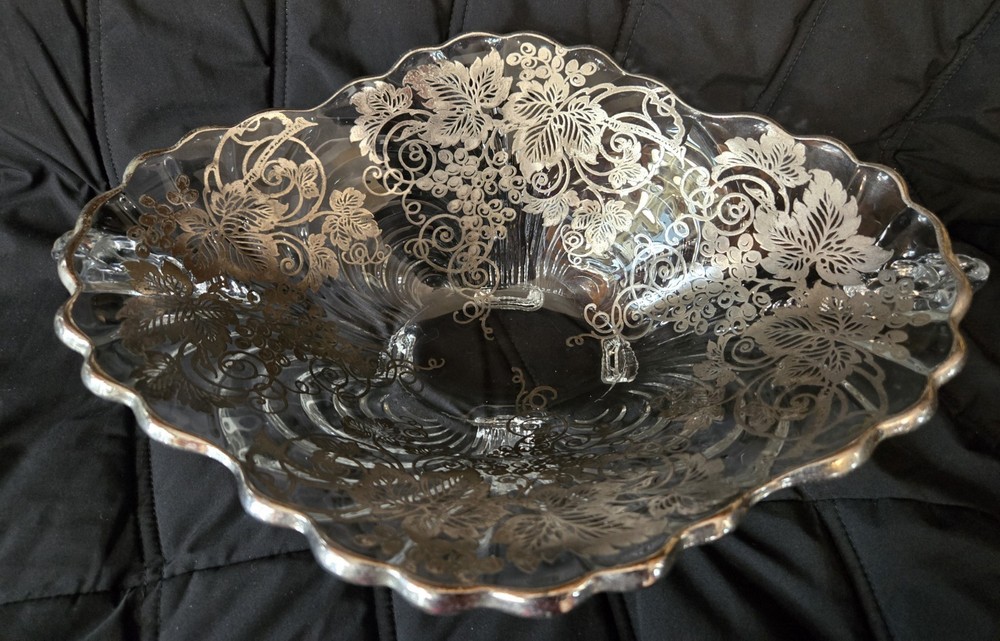 Vintage Silver Overlay Fruit Bowl with Grapevine Pattern, BEAUTIFUL! 1930's