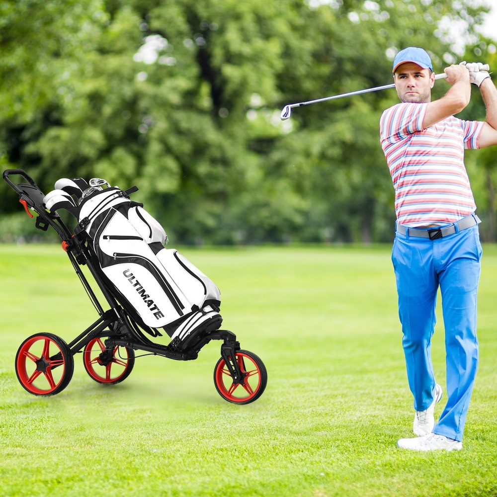 3 Wheels Foldable Golf Push Pull Cart Trolley w/ Adjustable Handle Brake Red