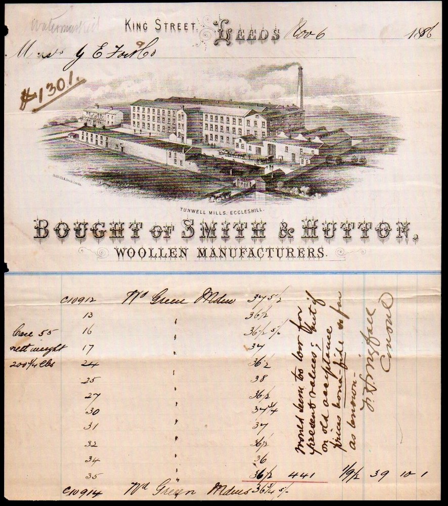 1886 Leeds England - Smith & Hutton - Rare Letter Head Bill