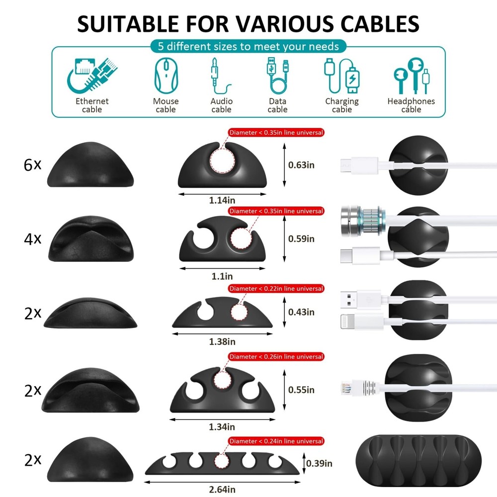 16Pack Black Desk Cable Management,Adjustable Cord Organizer Cable Clips,Cabl...