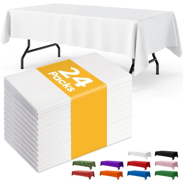 White Plastic Table Cloth - 24 Pack 54" × 108" Rectangle Disposable Tableclot...