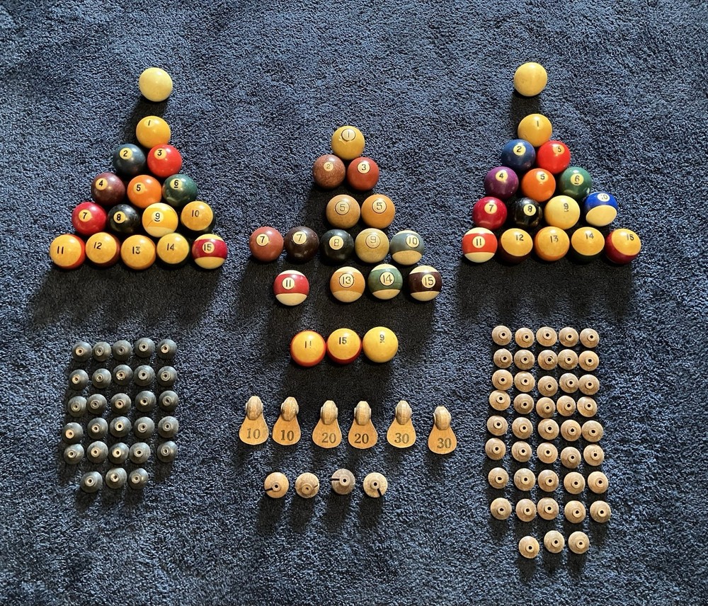 Vintage Billiard Pool Balls 2  1/4" (3) Sets Scoring Beads Unknown Brands