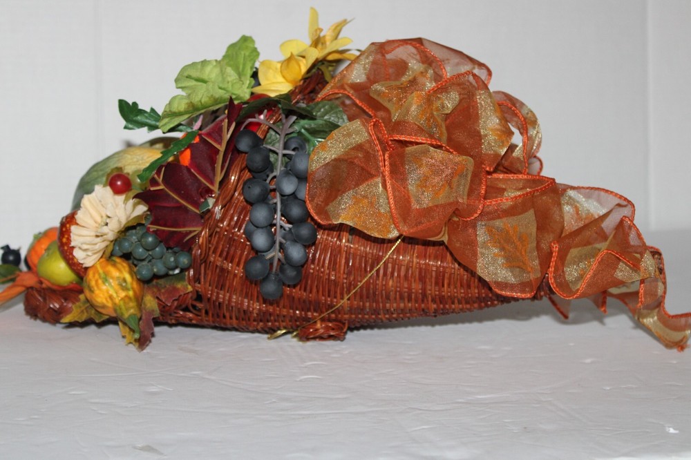 Cornucopia in Wicker Basket with Artificial Fall Thanksgiving Flowers
