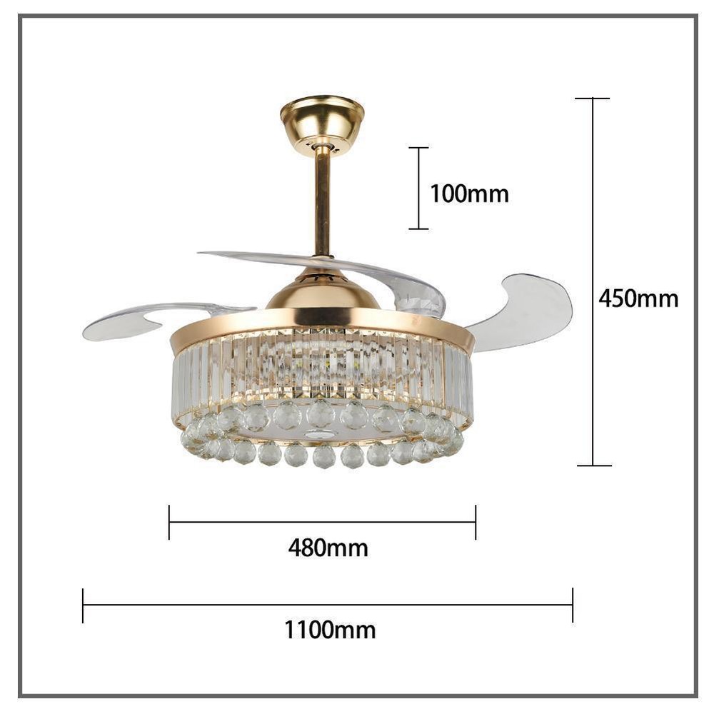 Luxury Crystal Multicolored Bluetooth Fan Lamp with Ceiling Light for Home