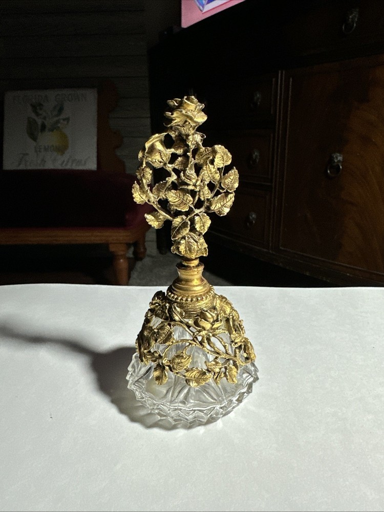 Matson USA Rose Pattern Ormolu Perfume Bottle with Glass Stopper 1940's