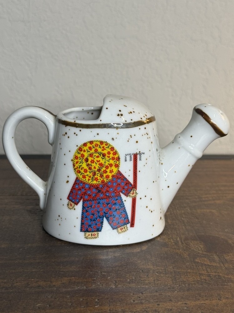 Tiny Vintage Ceramic Watering Can with Whimsical Character Farmer Design