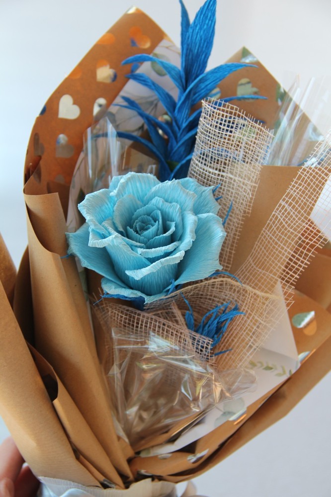 Blue crepe paper rose bouquet