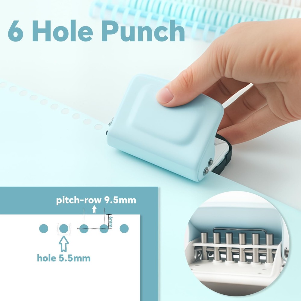 Spiral Binding Machine-Mini 6 Hole Puncher, DIY Creative Book Binder Blue