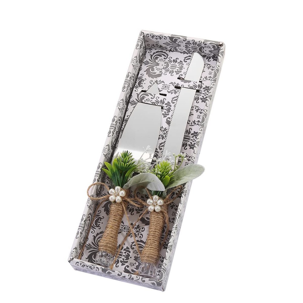 Rustic Wedding Cake Knife Server Set Stainless Steel Resin Green Leaf Handle