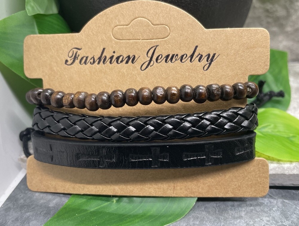 3 PC Wood Bead PU Leather Bracelet Stackable Adjustable Tie New Cross B3632