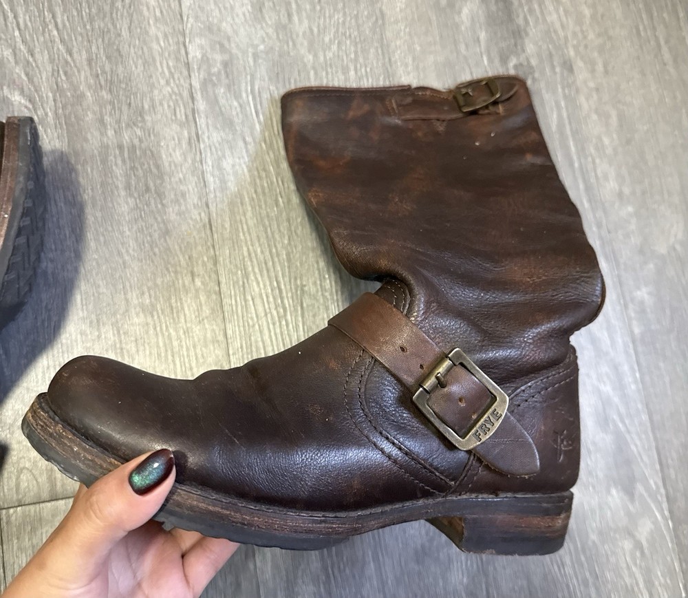Frye Veronica Tall Slouch Engineer Boots Distressed Brown Leather Size 7.5 Us
