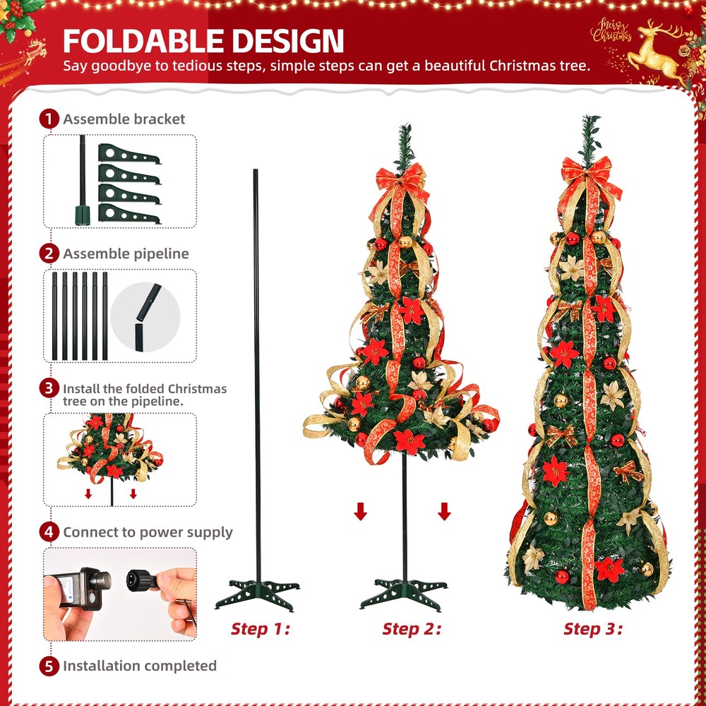 6FT Fully Decorated Pre-lit Christmas Tree, Pop Up Artificial Xmas Trees w Light