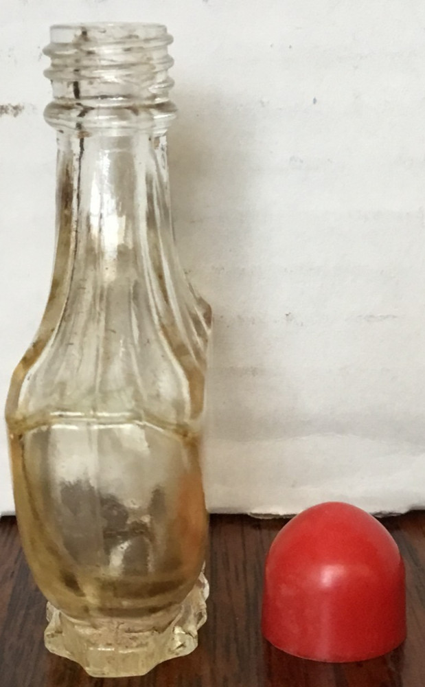 Clear Empty Perfume Bottle w/Red Screw on Lid 4 Embossed Bottom