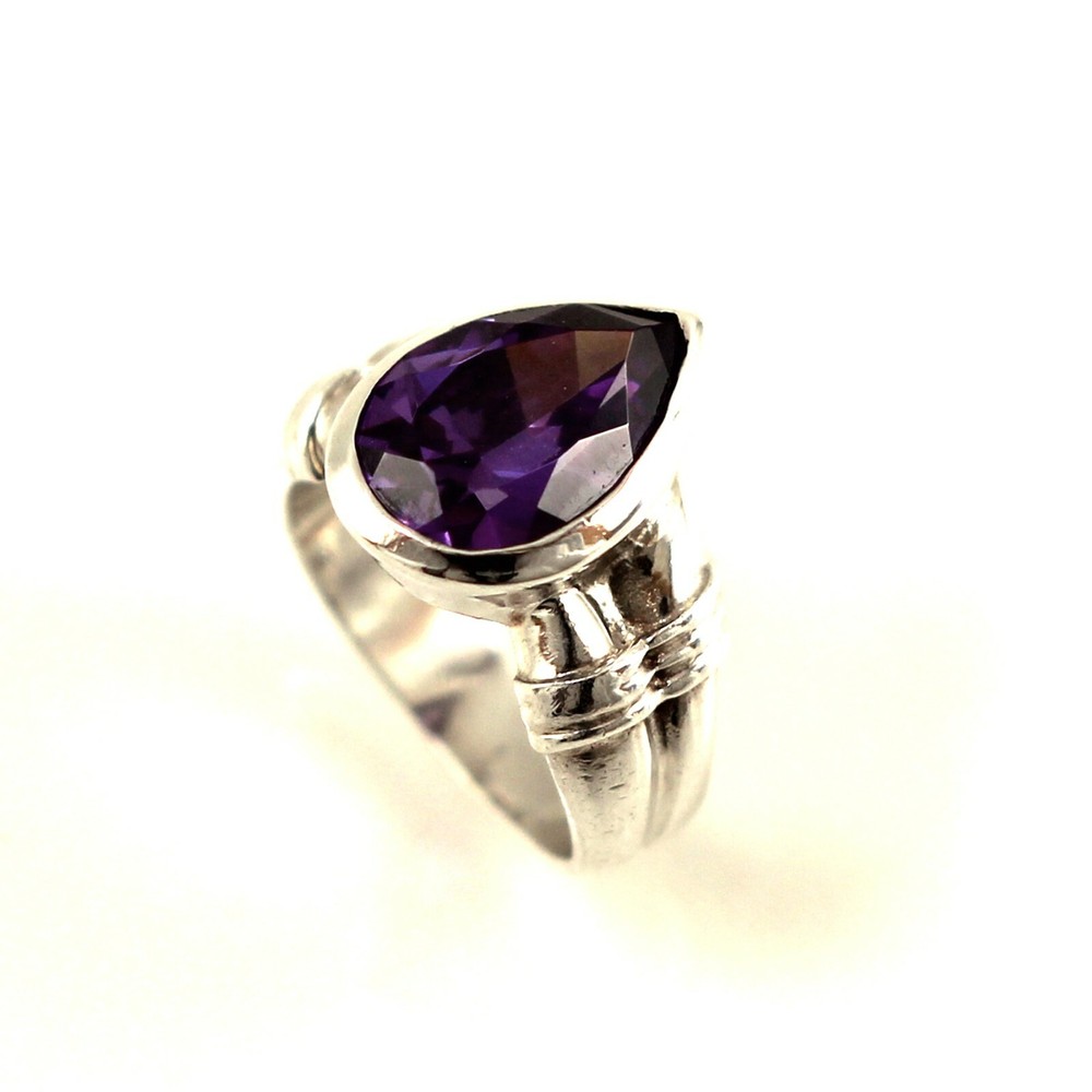 Solid Sterling Silver .925 Classic Pear Amethyst Solitaire Ring TPJ