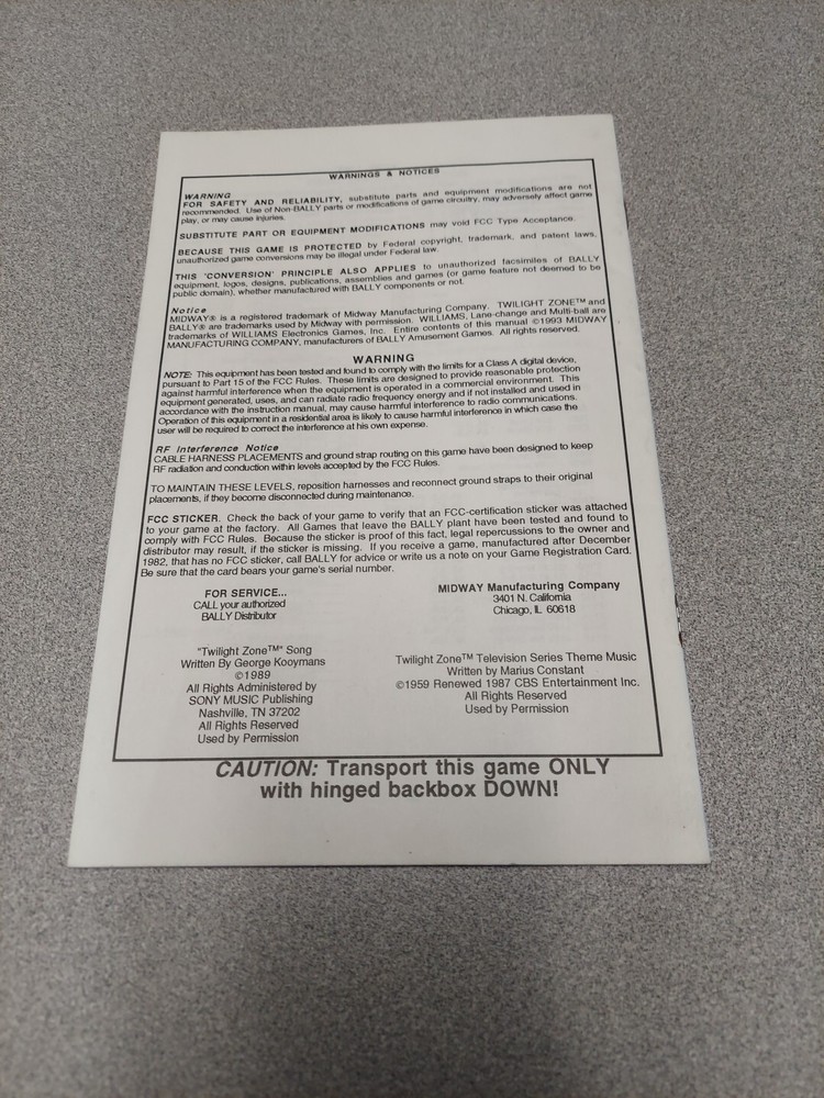 Twilight Zone Pinball Machine Operators Handbook 1993