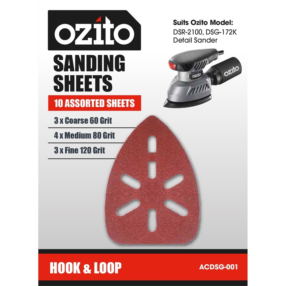 Ozito Detail Sander Assorted Grits Sanding Sheets - 10 Pack