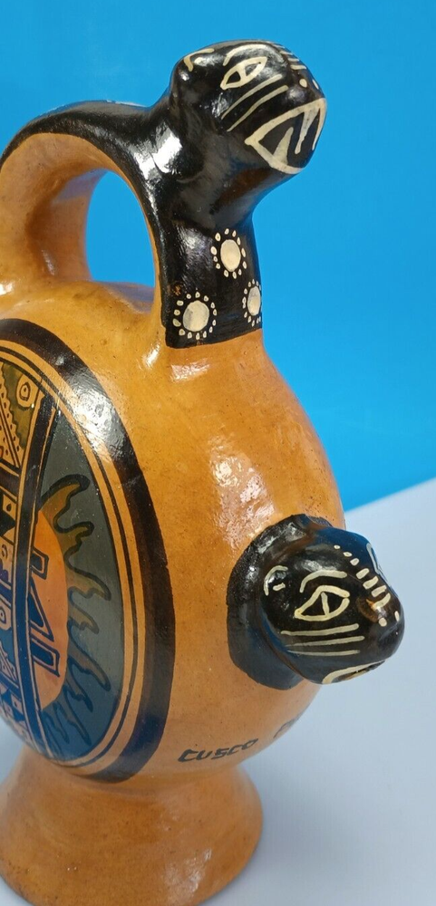 Handcrafted Clay Art From Cusco Peru, Cats Vessel with Handle.
