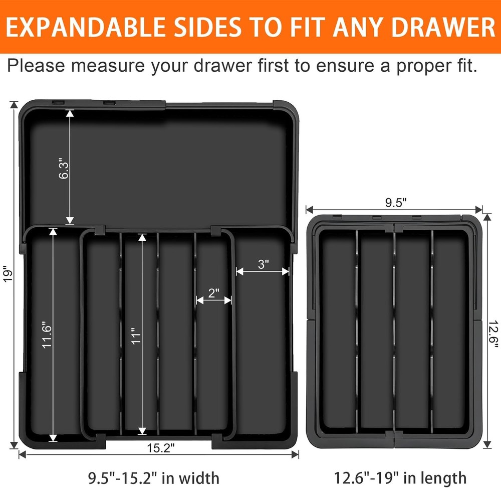 Silverware Organizer - Expandable Kitchen Drawer Organizer, Utensil Black