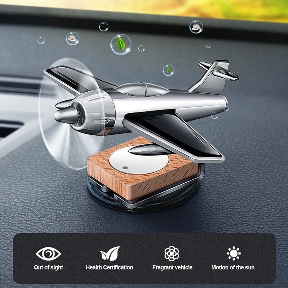 Solar Airplane Car Diffuser, Wooden Base Fragrance Diffuser, Alloy Solar -1