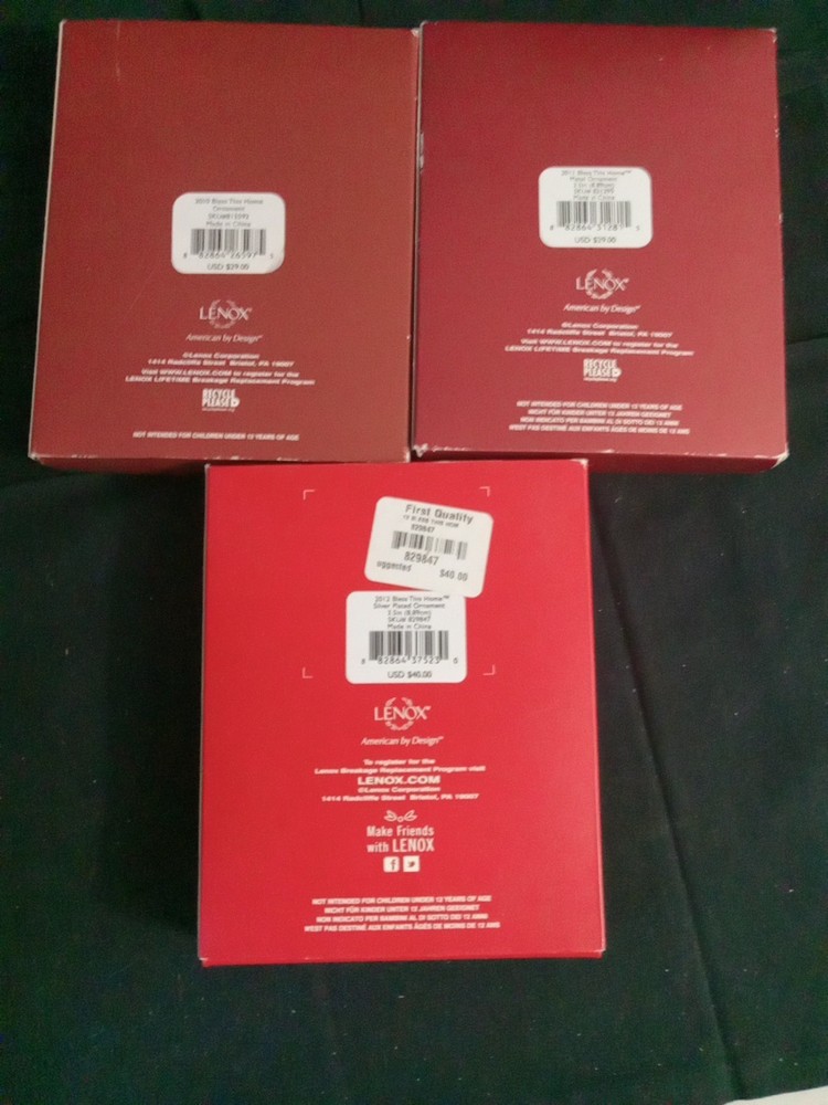 Three Lenox annual silver-plated "Bless This Home" ornaments 2010 2011 2012 NIB