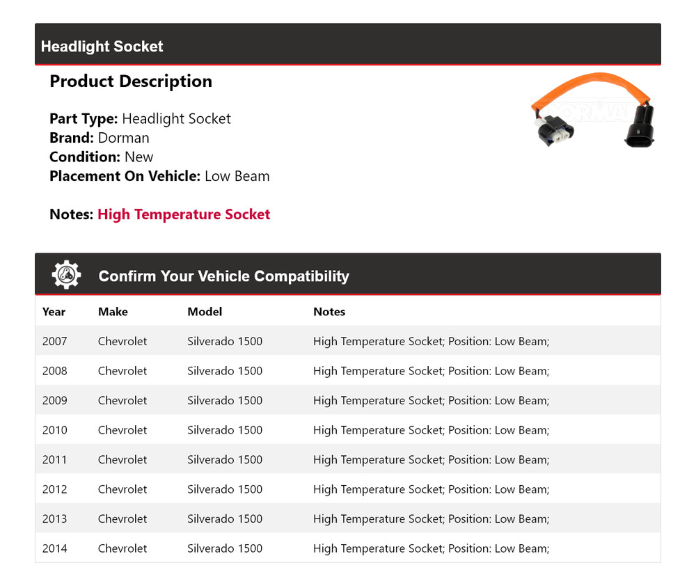 For 2007-2014 Chevrolet Silverado 1500 Dorman Headlight Socket Low Beam 2008