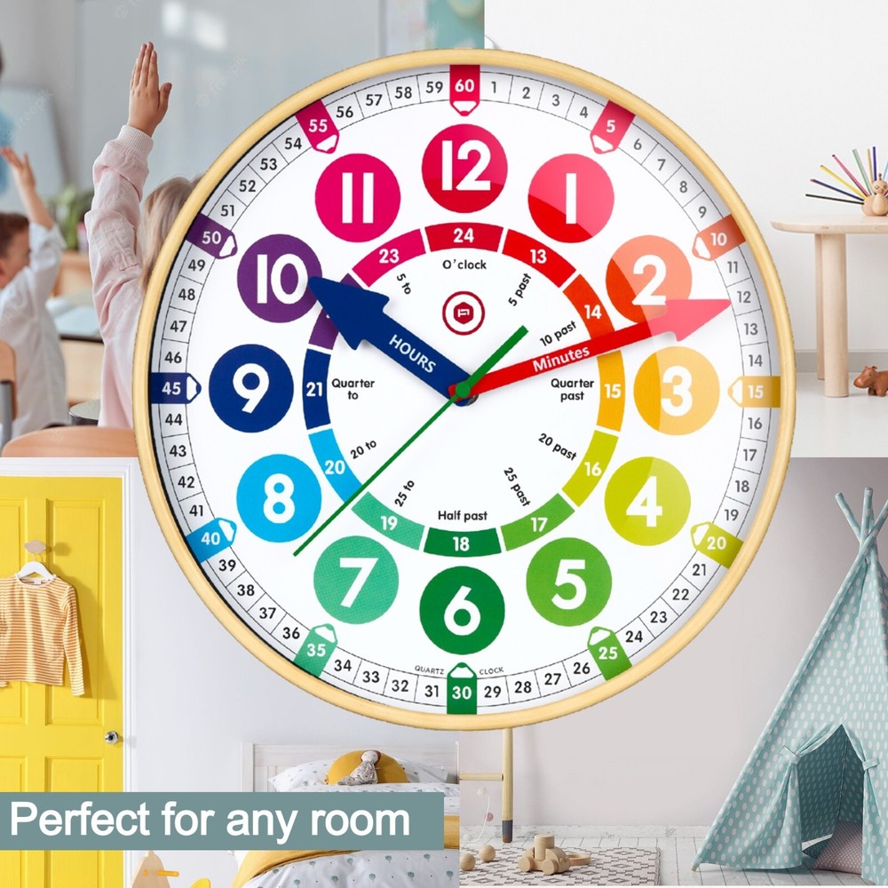 Children’s Learning Large 12” Wall Clock Safe Acrylic Face, Silent Sweep