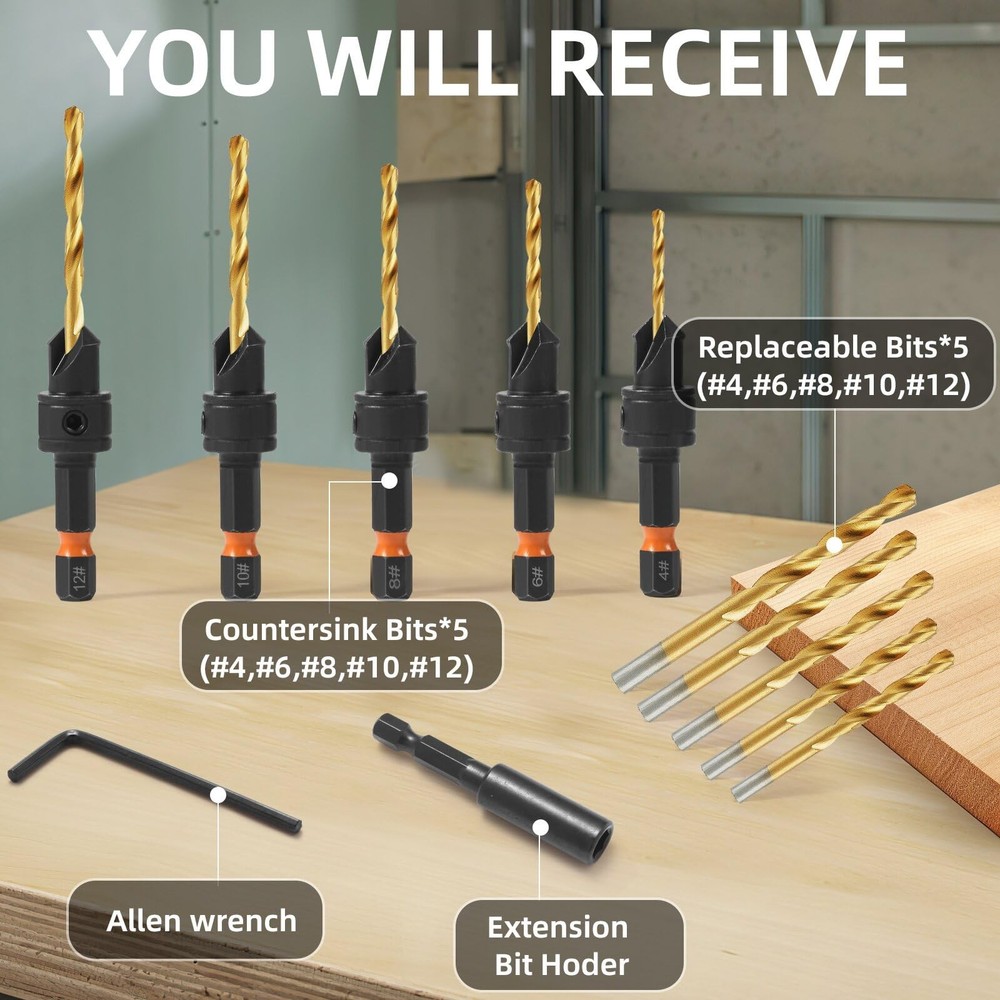 YQANDL 12Pcs HSS Adjustable Countersunk Drill Bits for Woodworking, Sizes...