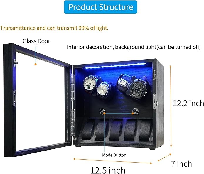 Oryx 4 Watch Winder Automatic Watches Rotating Box 5 Rotation Modes LED Light