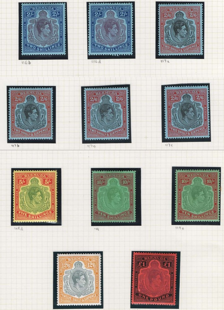 Bermuda 1938 High values vf mint range: 2x 2s, 4x 2/6d, 5s, 2x 10s, 12/6d, £1 -