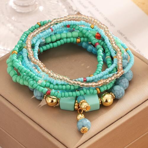 8PCS Beaded Bracelets for Women, Multilayered Stackable Strand Stretch Blue