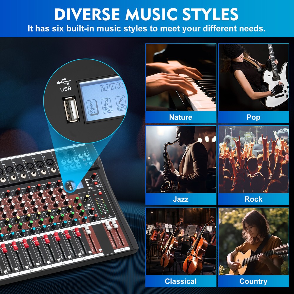 Channel Mixing Console Sound Live Studio Audio Mixer USB Bluetooth