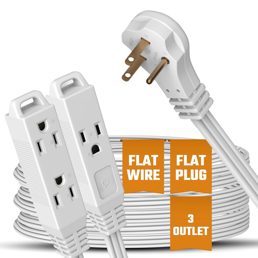 White Extension Cord 10+ Ft 3-Prong 3-Outlet Wire- 10 Ft,
