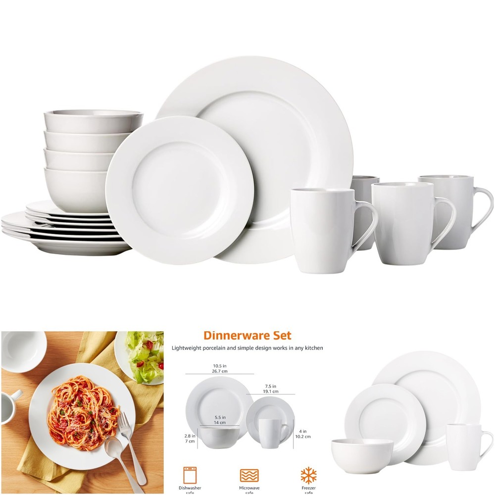 16-Piece White Porcelain Dinnerware Set Microwave & Dishwasher Safe 4 Plates