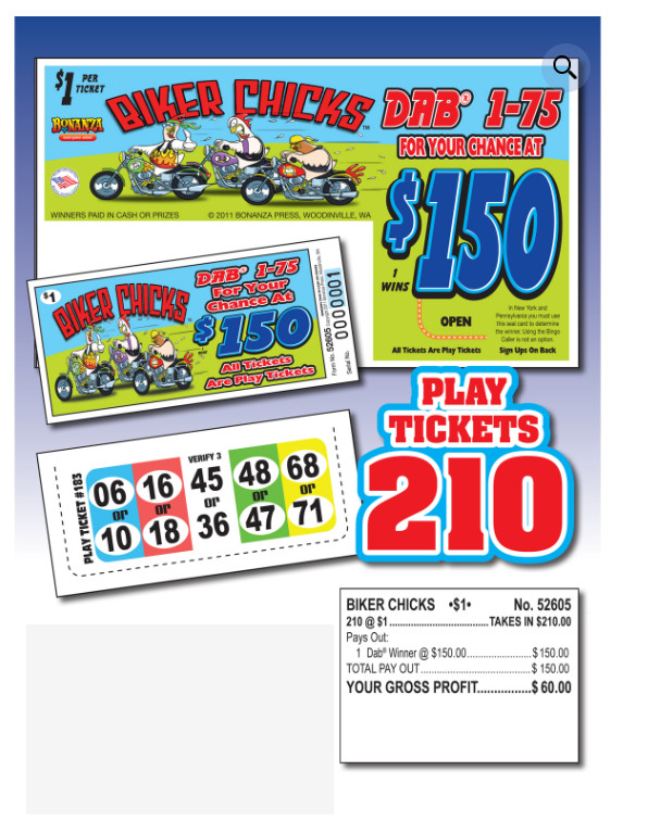 Pull Tab Ticket - Hard Card - Game- 6 Pack - Biker Chicks - 210 ct ea