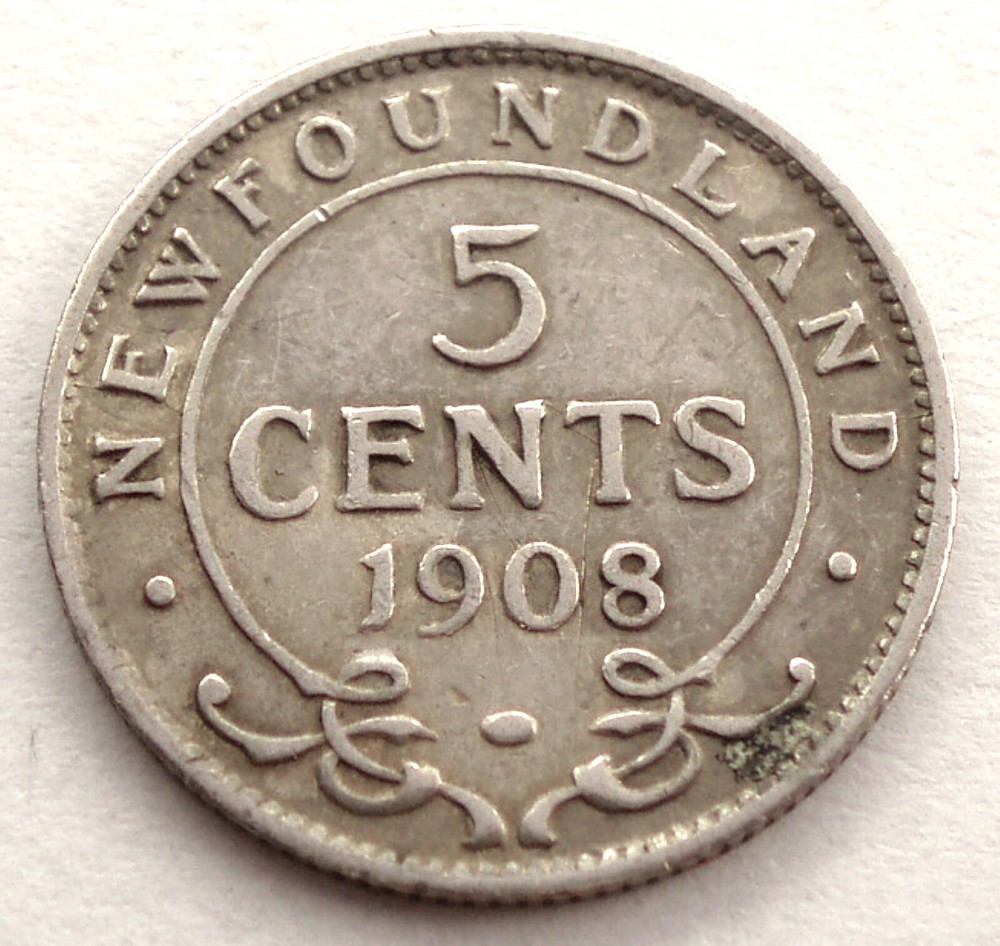 CANADA - NEWFOUNDLAND 5 CENTS 1908 Silver KM#7 M4.8