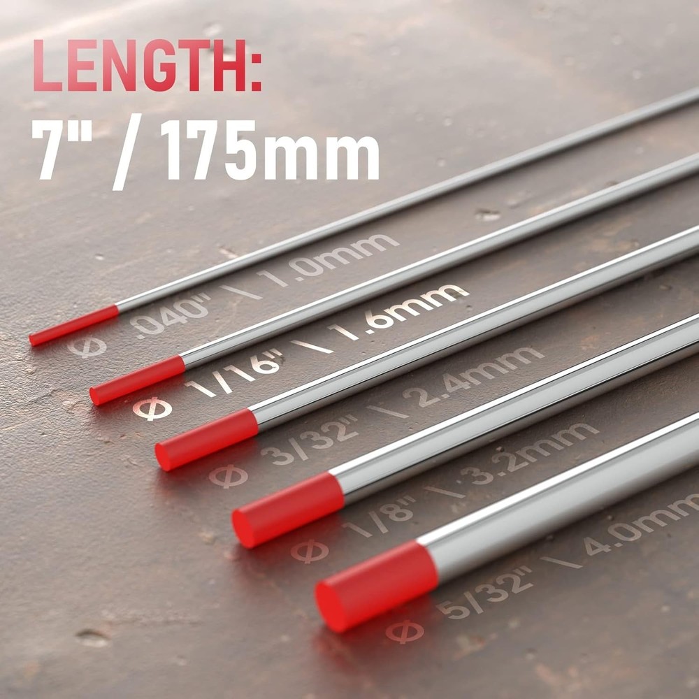 AWS Certified Tungsten Electrode Red Tip 1/16" x 7" - 10 Pack for Precision W...
