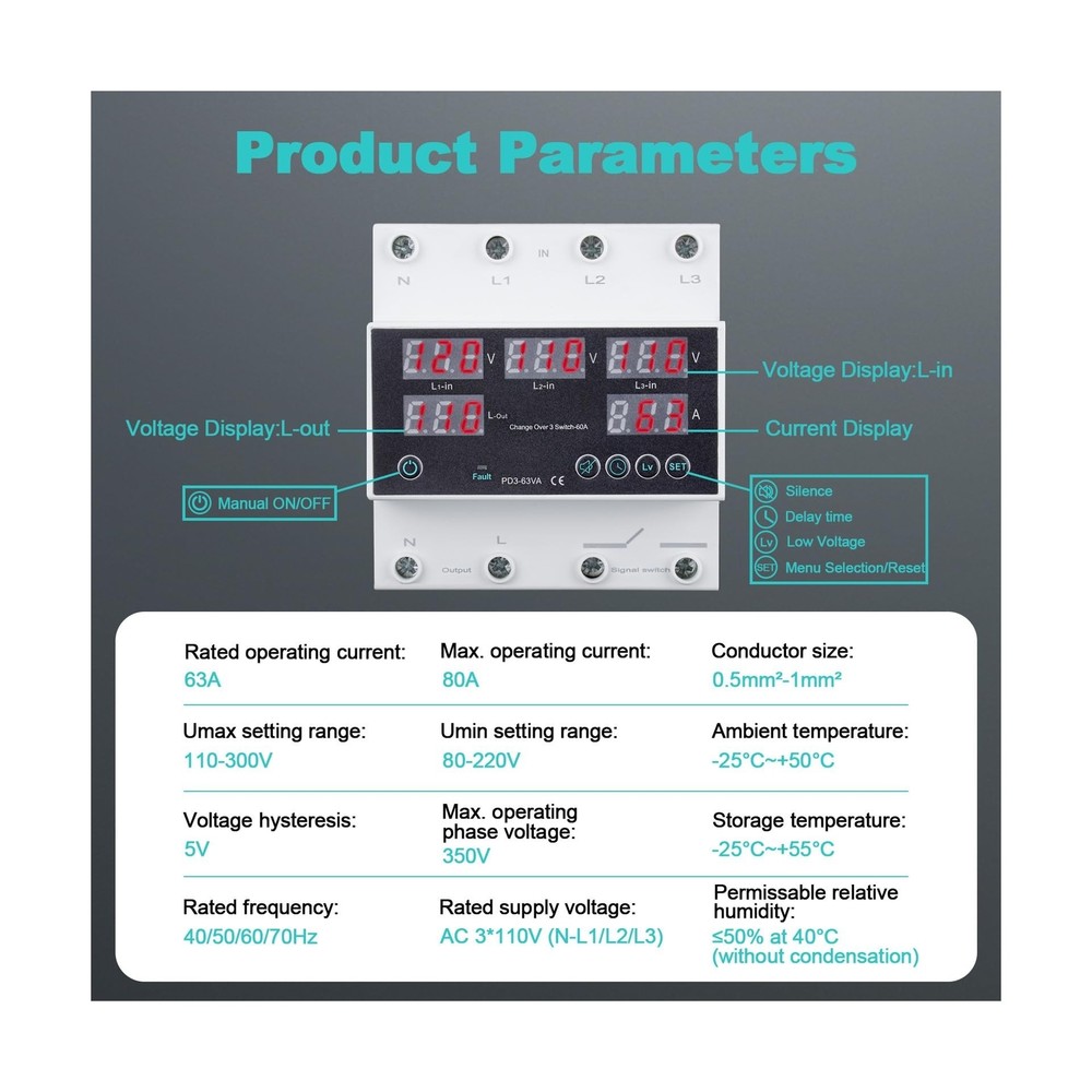 Automatic Transfer Switch, 110V 63A Auto Transfer Switch Real-time Monitoring...