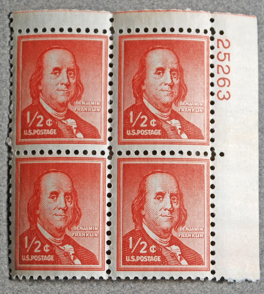 1955 Benjamin Franklin Half Cent Plate Bock Four Red Stamps